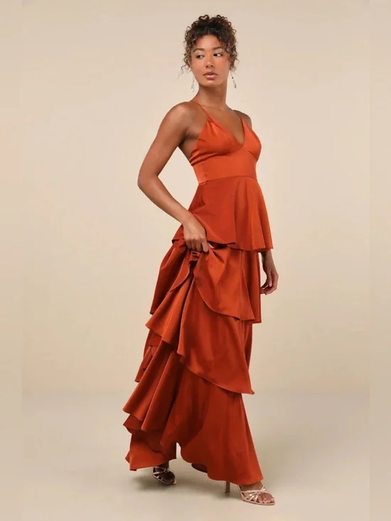 Lulus Going with Elegance Rust Brown Satin Tiered Gown - Picture 3 of 13
